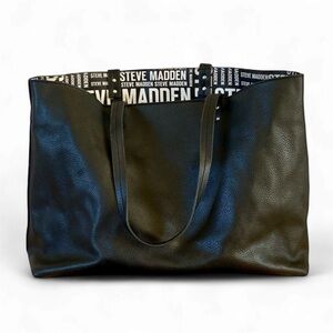 Steve Madden Large Black & White bold Logo Tote vegan pebble leather soft strap